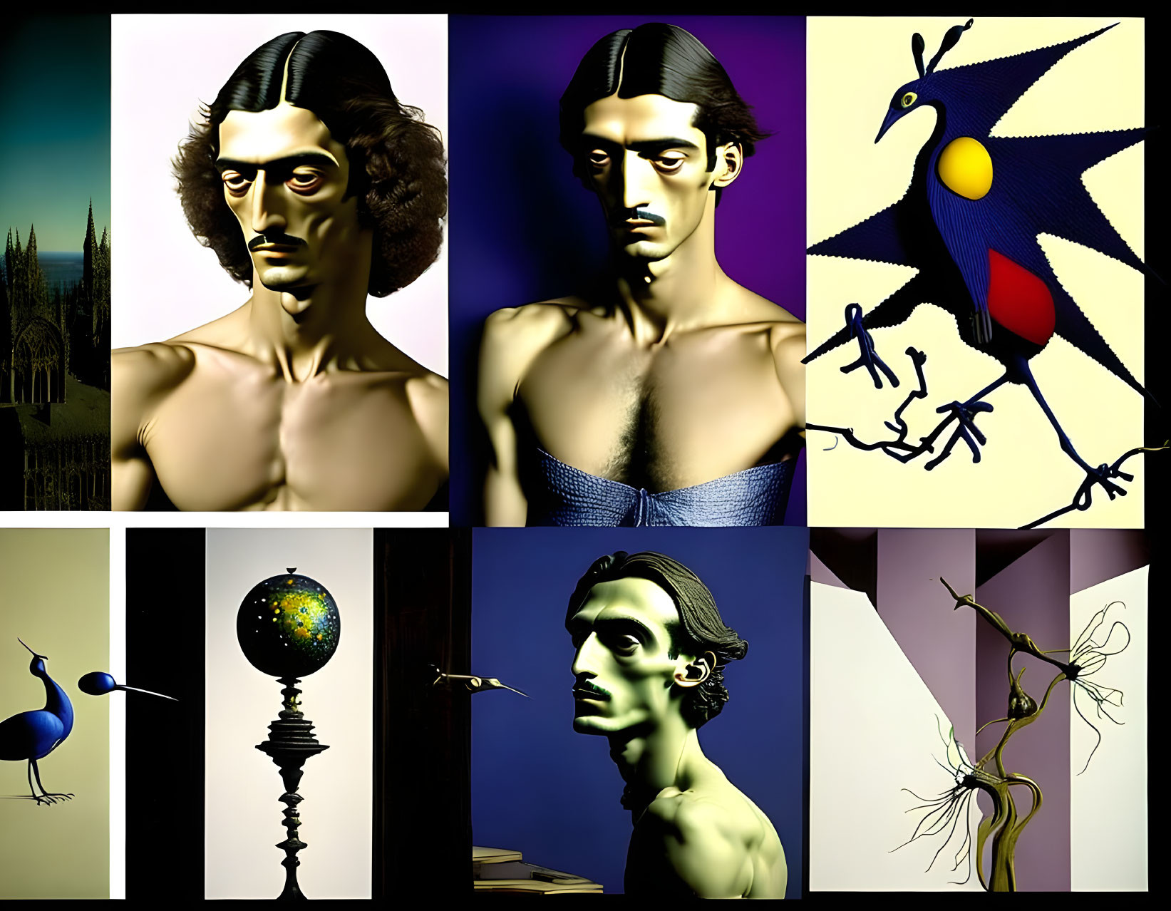 Surreal Art Collage: Stylized Human Figures, Abstract Birds, and Dreamlike Sphere