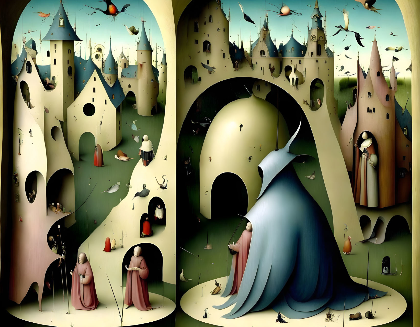 Whimsical four-panel artwork: surreal castles, anthropomorphic figures, flying fish