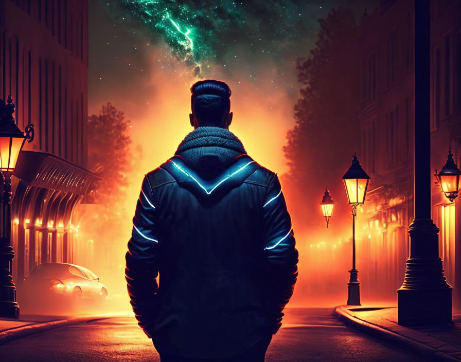 Man in illuminated jacket on misty night street with cosmic event in sky