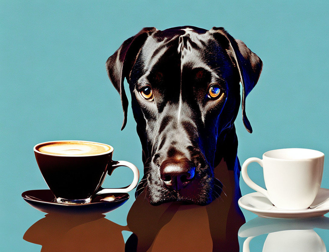 Large Black Dog with Expressive Eyes Beside Cappuccino Cup