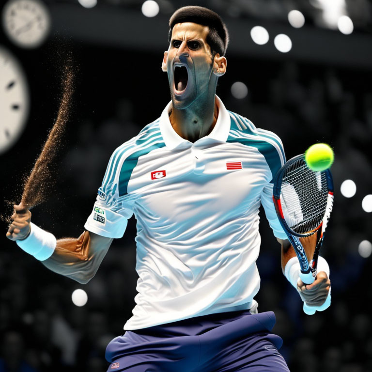 Male Tennis Player in Blue and White Outfit Swings Racket in Indoor Match