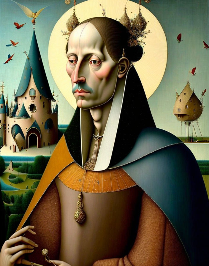 Surrealist portrait blending regal figure with landscape features