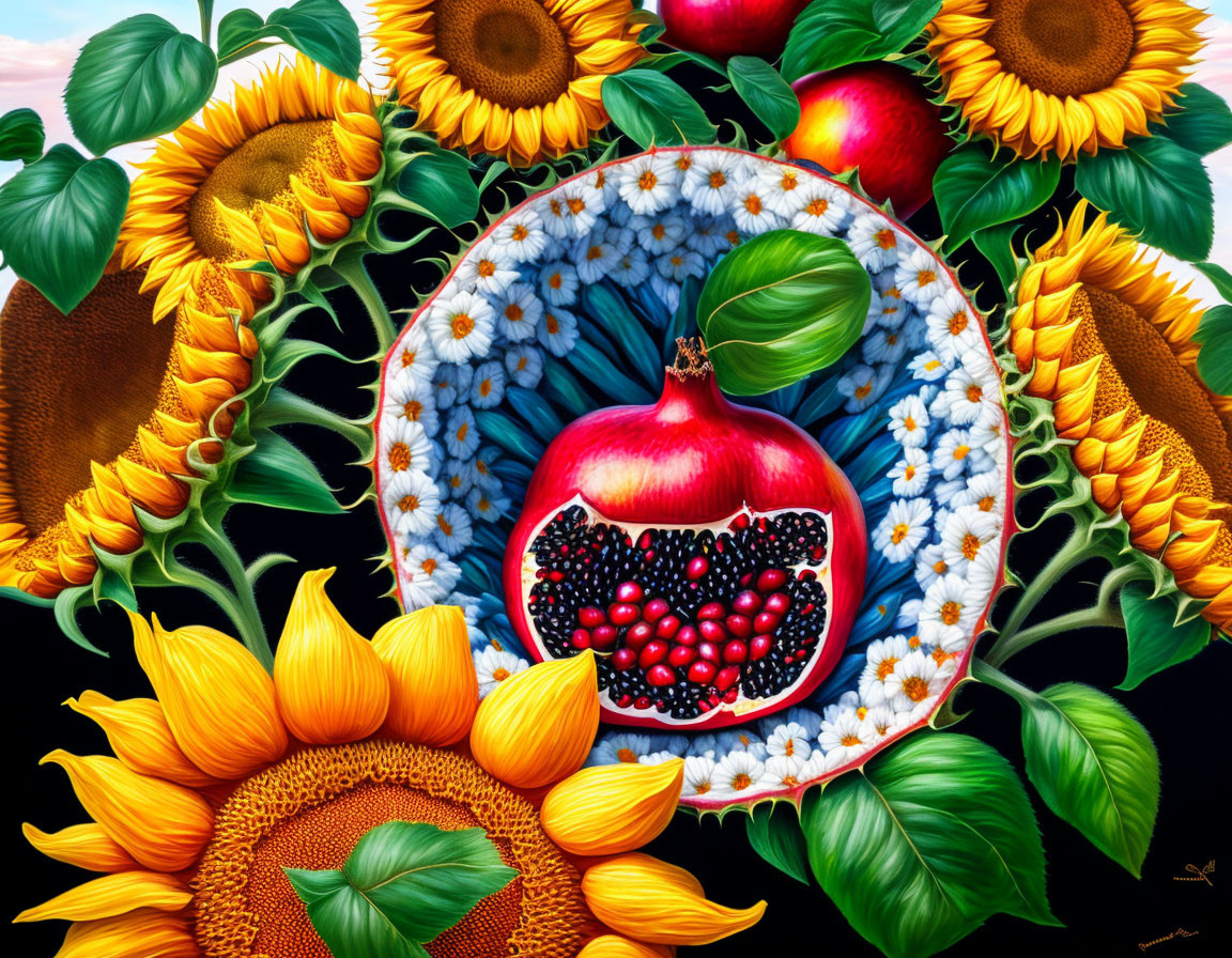 Colorful Still Life Painting with Sunflowers, Pomegranate, Berries, and Leaves on