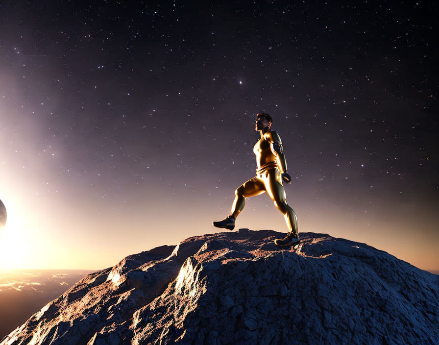 Silhouetted Figure on Mountain Peak Under Starry Sky with Planet Horizon