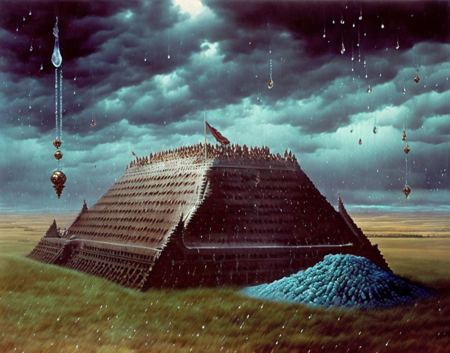 Surrealist painting: Ziggurat under stormy sky with oversized water droplets