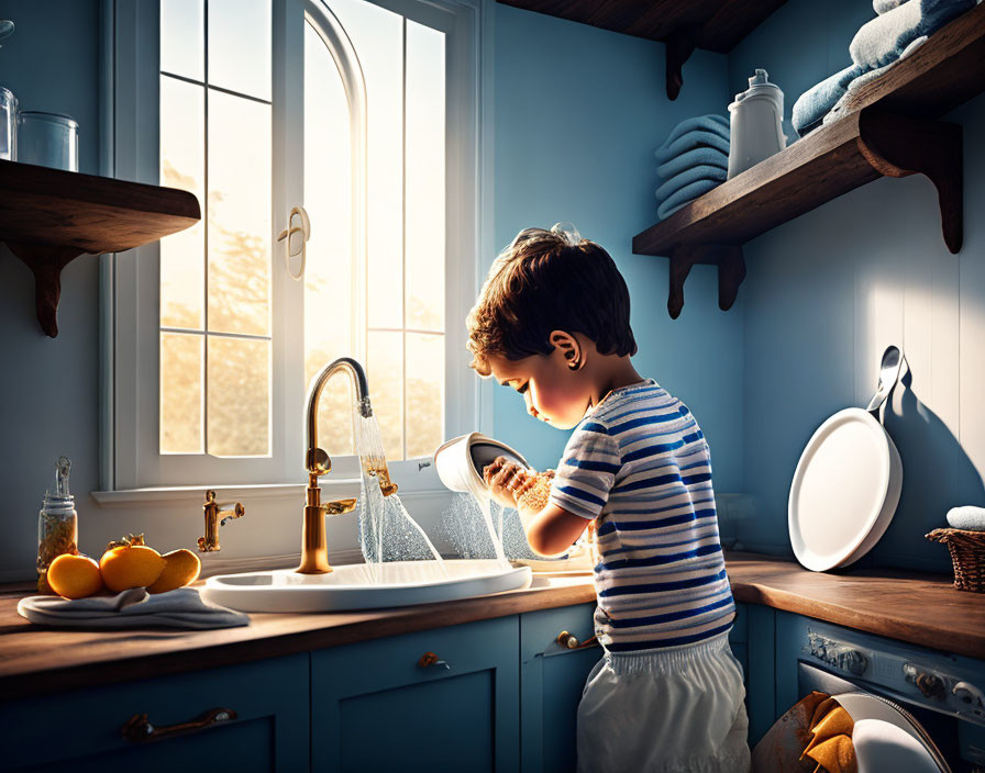 Young boy in striped shirt washing dishes in sunny kitchen with oranges.