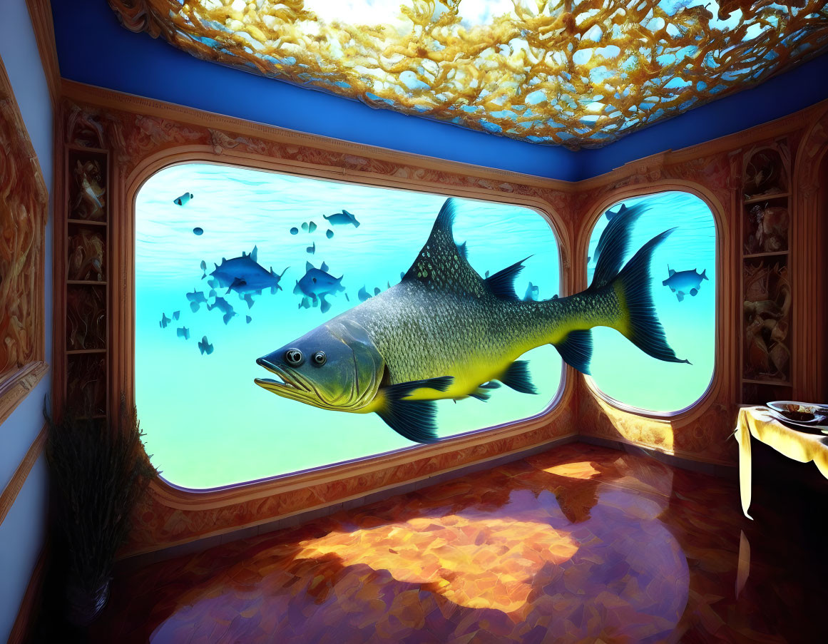 Ornate underwater room with lavish decor and ocean view featuring a large fish.