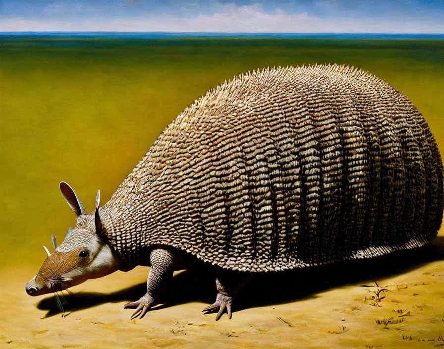 Hyperrealistic Painting: Giant Armadillo in Blue Sky Landscape