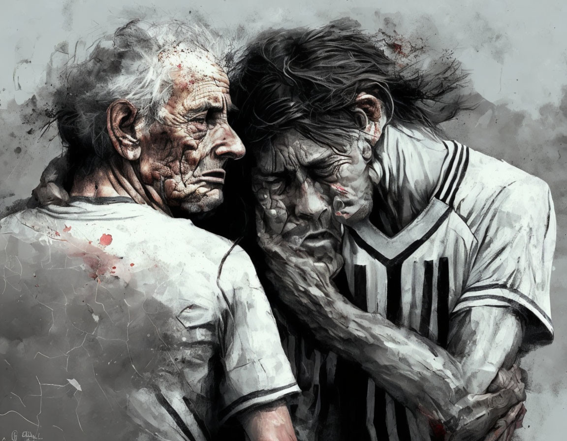 Illustration: Elderly and young individuals embracing with blood splatters.