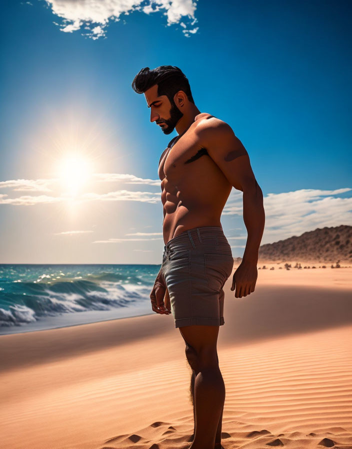 Fit shirtless man on sandy beach at sunset with ocean backdrop