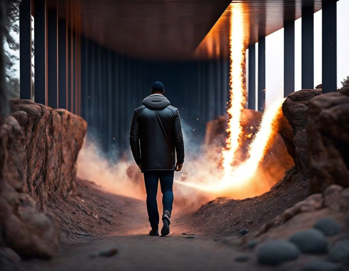 Person walking under bridge in fiery glow, rocky terrain.