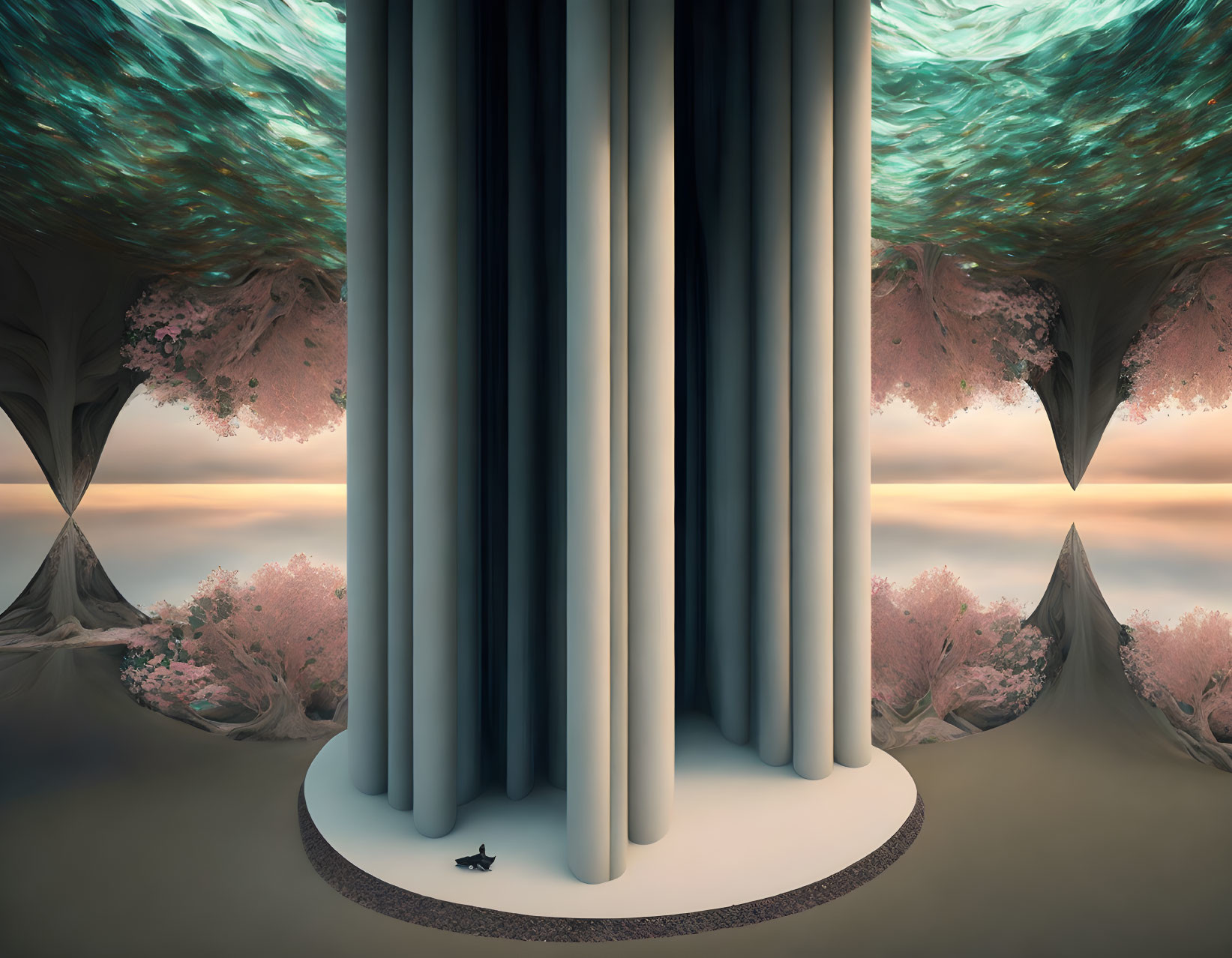 Surreal landscape with cylindrical pillars, boat, cherry blossoms, and inverted mountain peaks