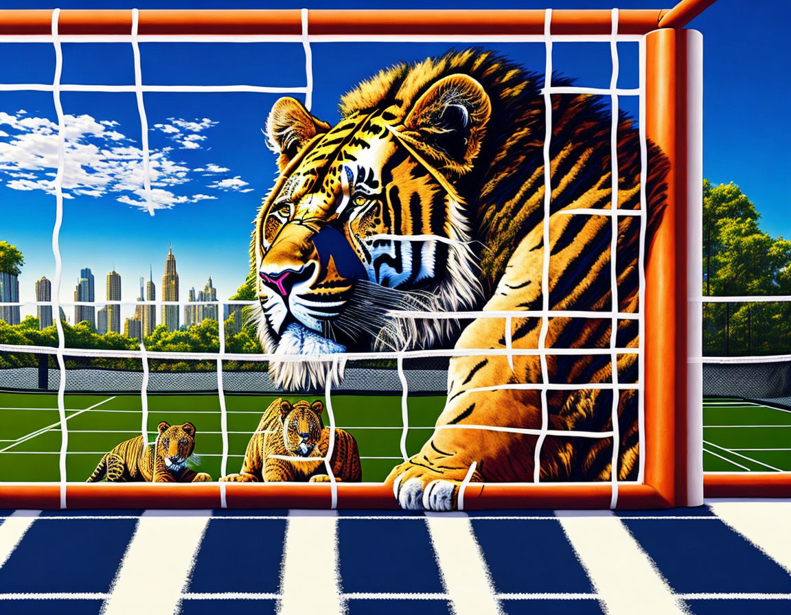 Colorful artwork featuring tigers on a tennis court with city skyline