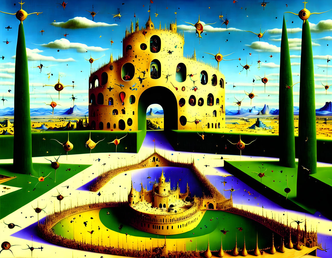 Surreal landscape with golden castles, green towers, checkerboard fields, and floating compasses