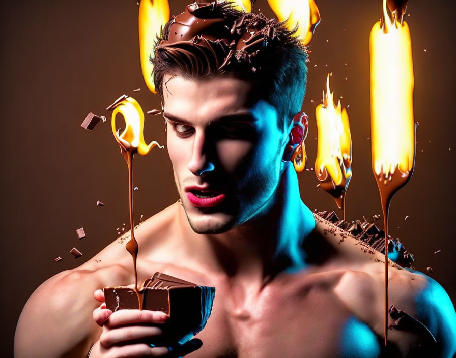 Man covered in chocolate holding broken cup with flames and melting chocolate