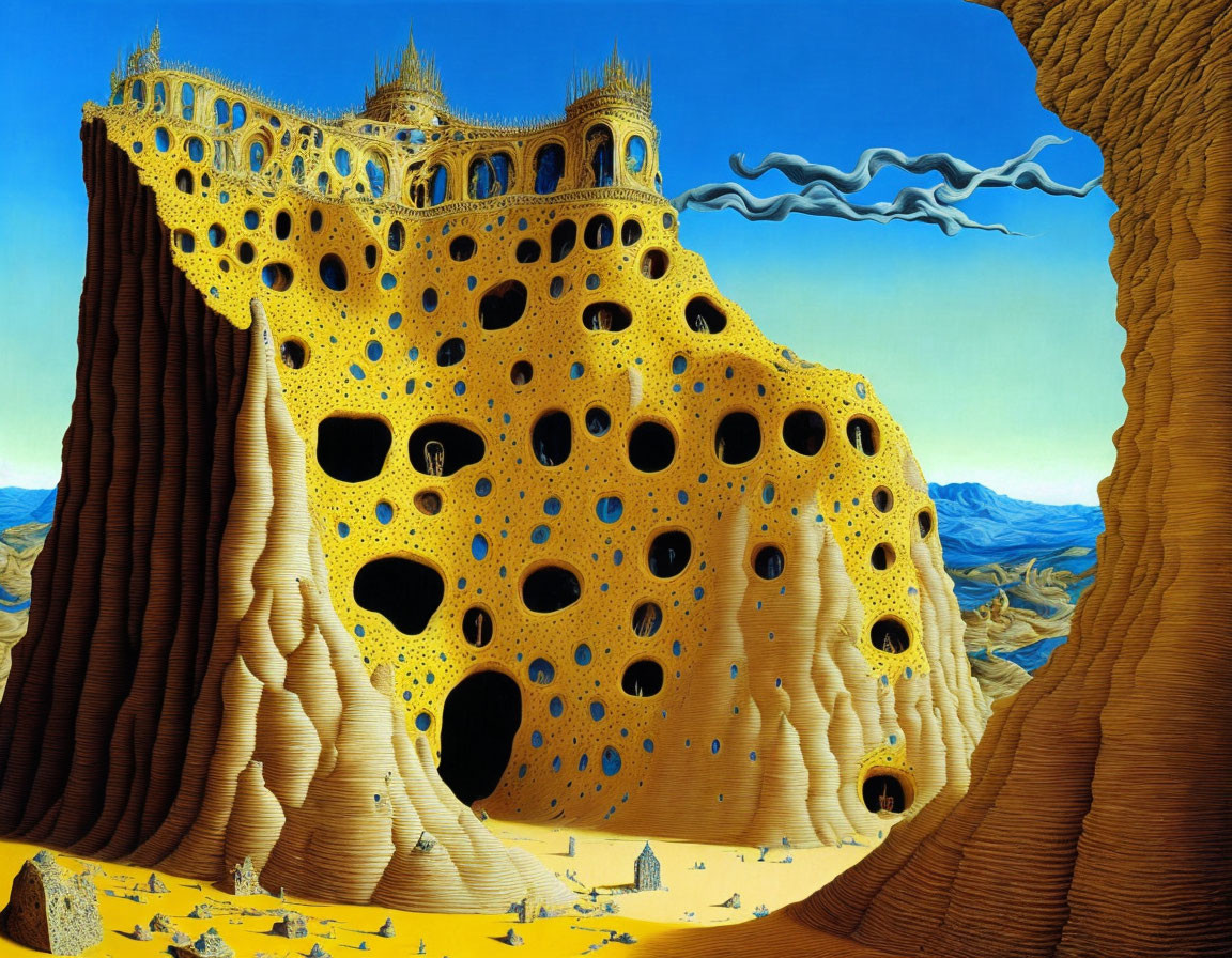 Surreal landscape with yellow beehive structure in desert oasis