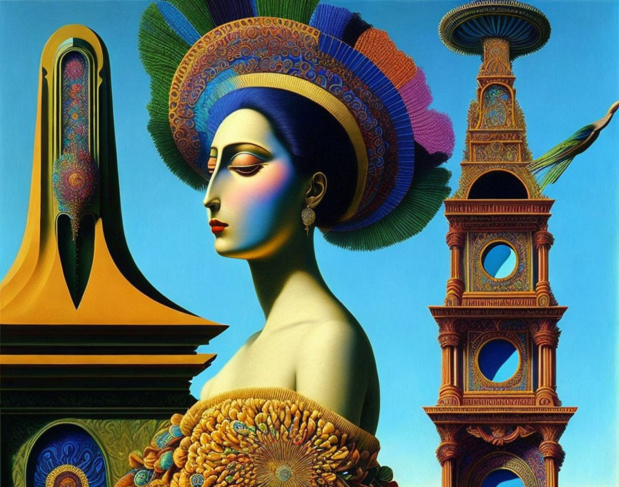 Vibrant surrealistic painting of woman with peacock feather headdress near ornate tower and bird