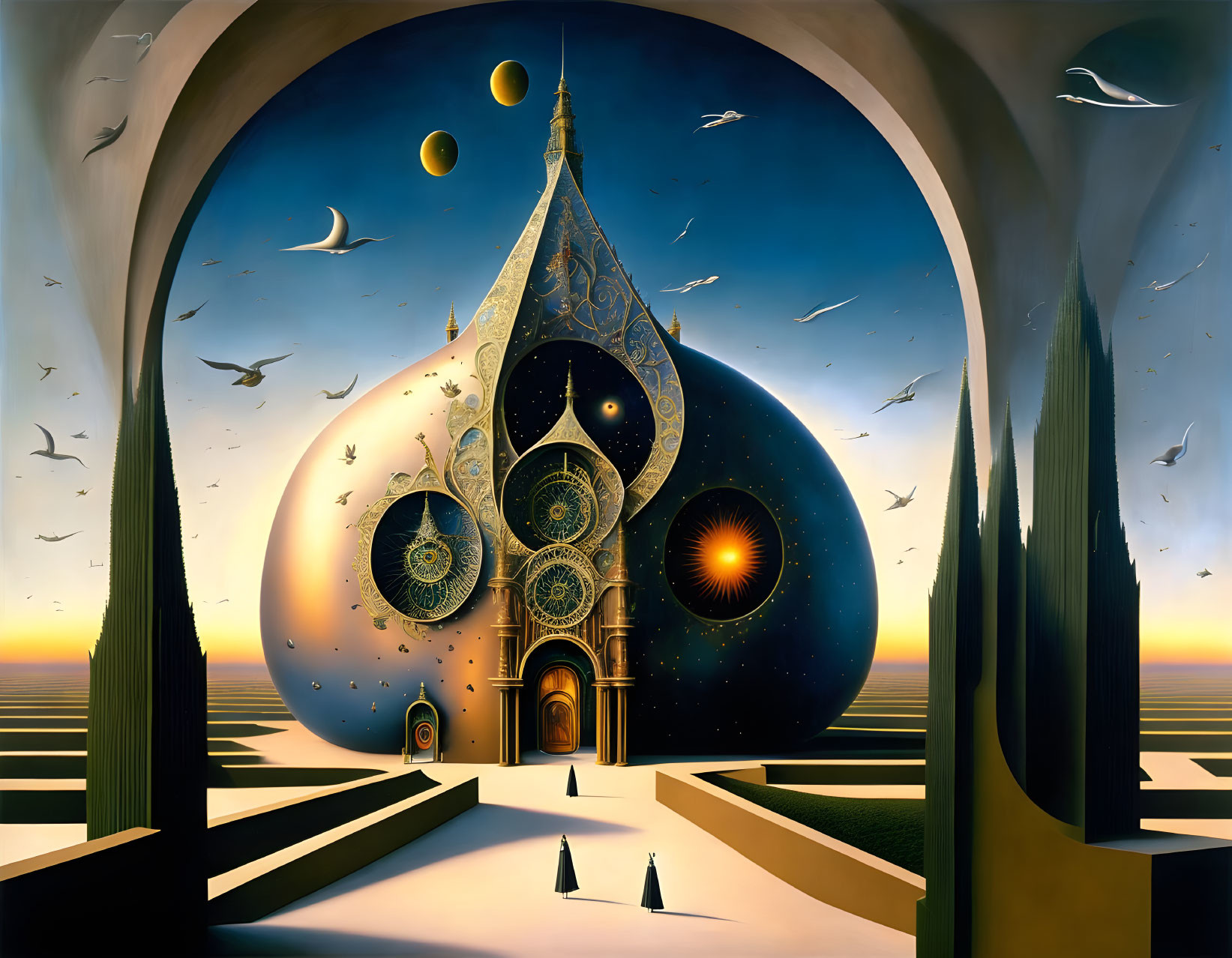 Surreal landscape featuring ornate building, arched doorways, flying birds, and planets at