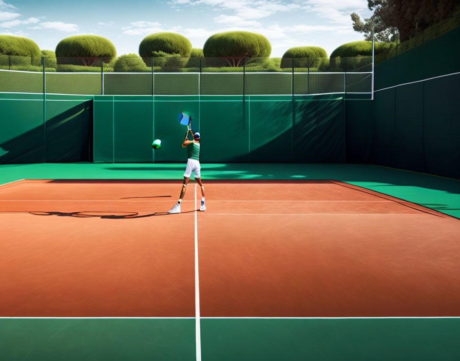 Tennis Player Serving on Sunlit Court with Green Walls