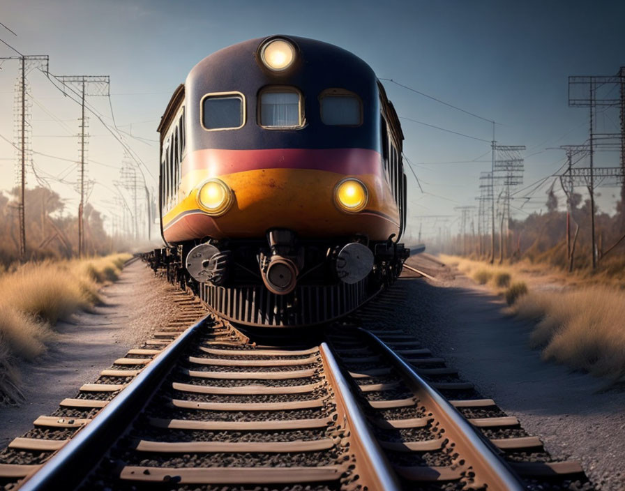 Vintage Train Approaching on Tracks in Desolate Landscape at Dawn or Dusk