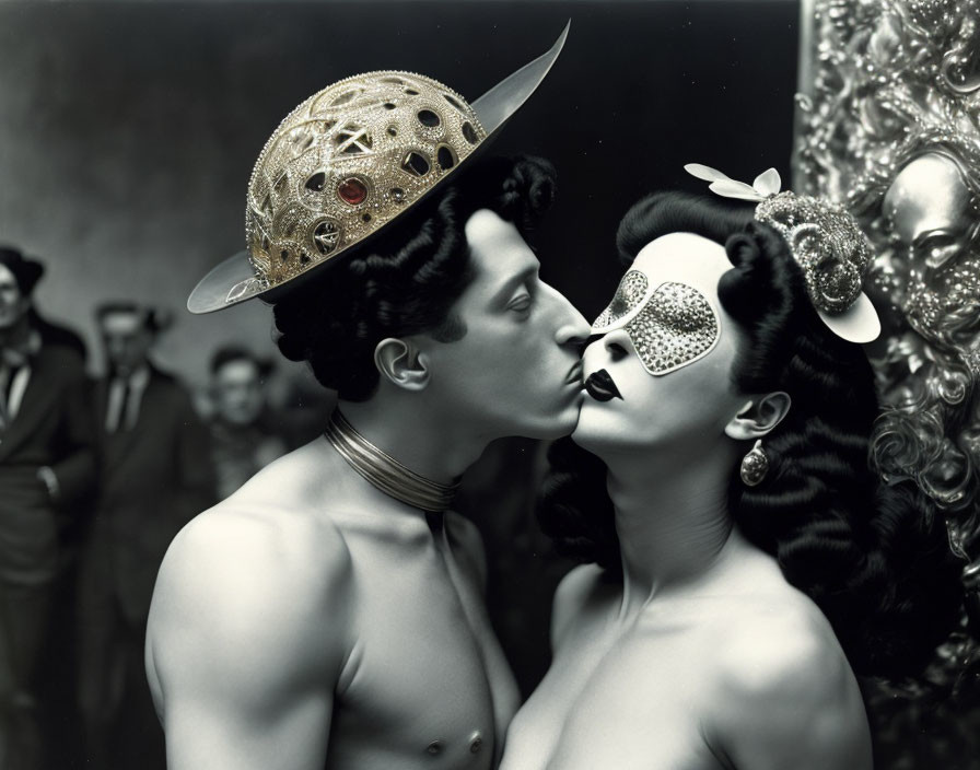 Monochrome image of couple in ornate masks and costumes at festive gathering