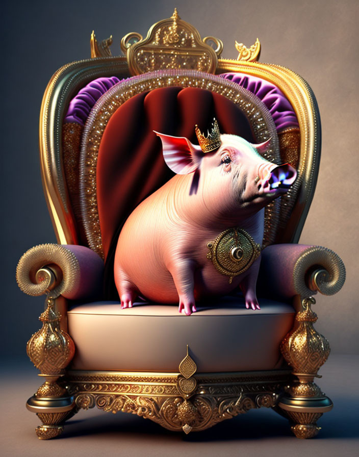 Regal crowned pig on golden throne with purple cushions