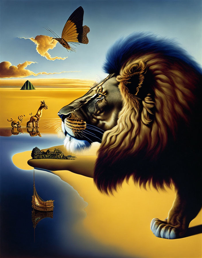 Surreal lion painting with desert, ship, butterfly, and silhouetted figures