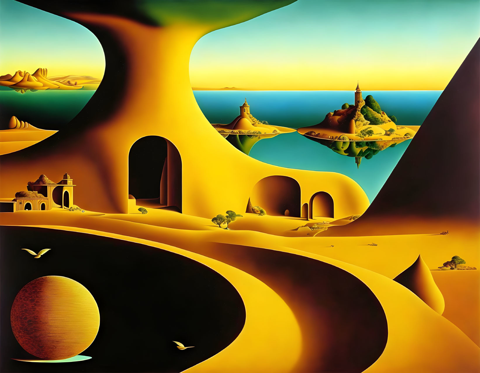 Surreal landscape with distorted shapes and floating islands