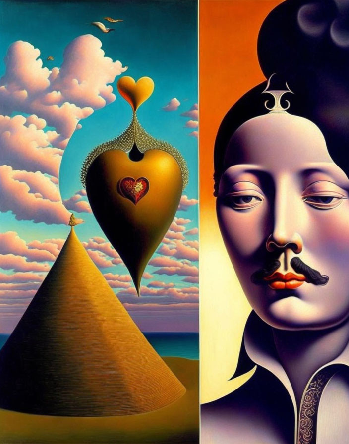 Surrealist painting with calm sky, floating hourglass, and split day-night face