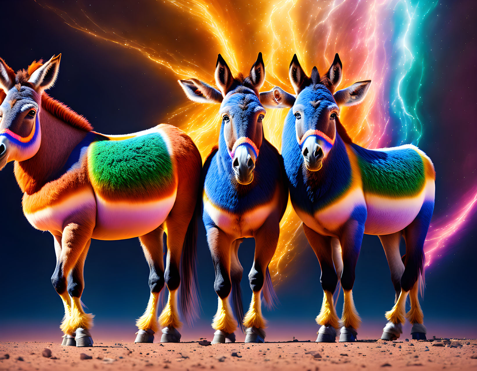 Colorful Stylized Donkeys in Neon Fur with Cosmic Background