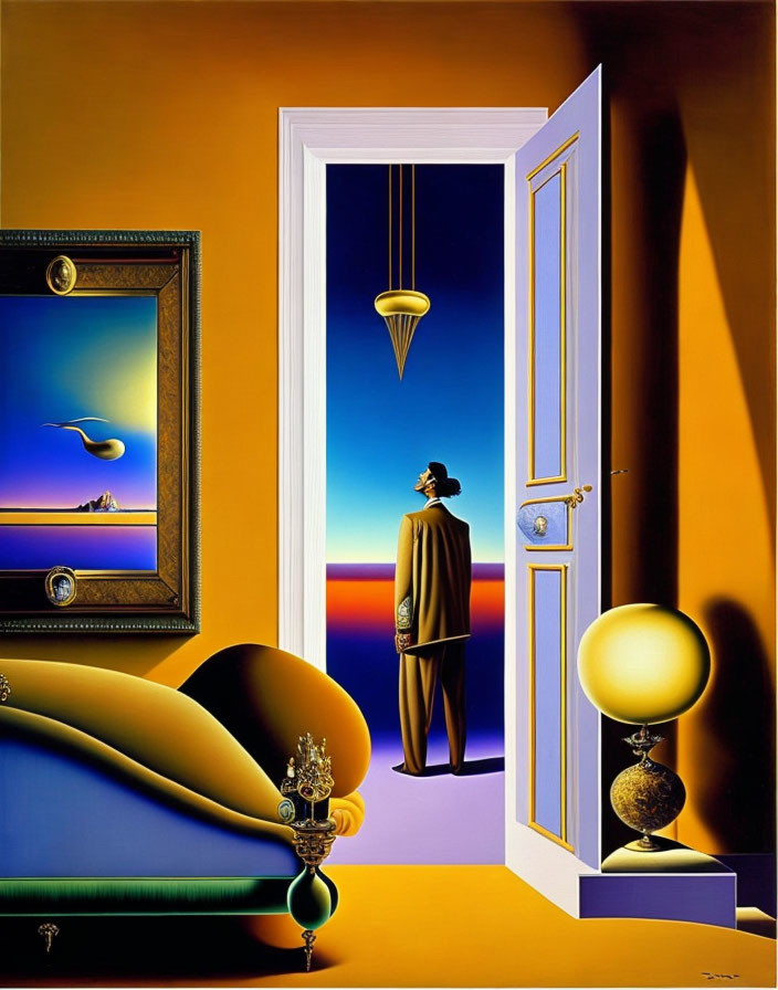 Surreal art: Figure in hat at doorway with eclectic room objects