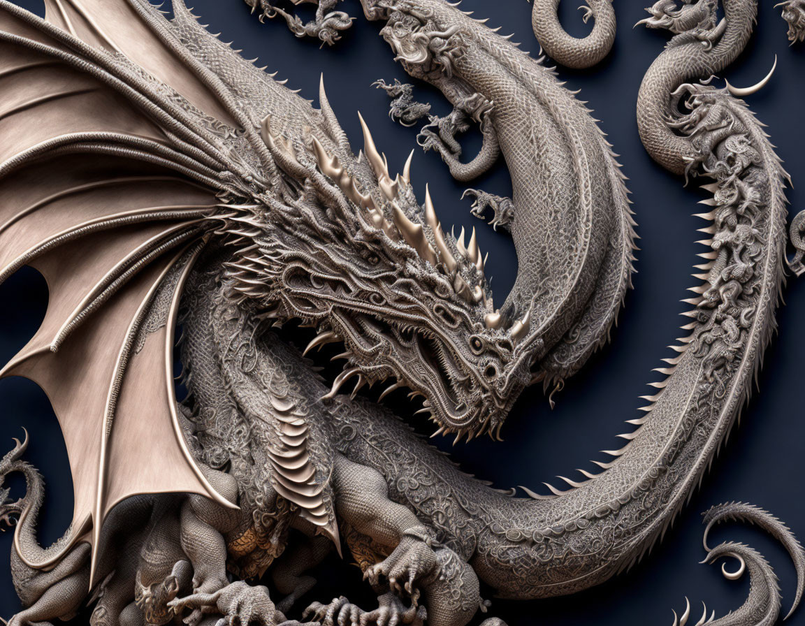 Detailed Carved Dragon with Expansive Wings on Dark Background