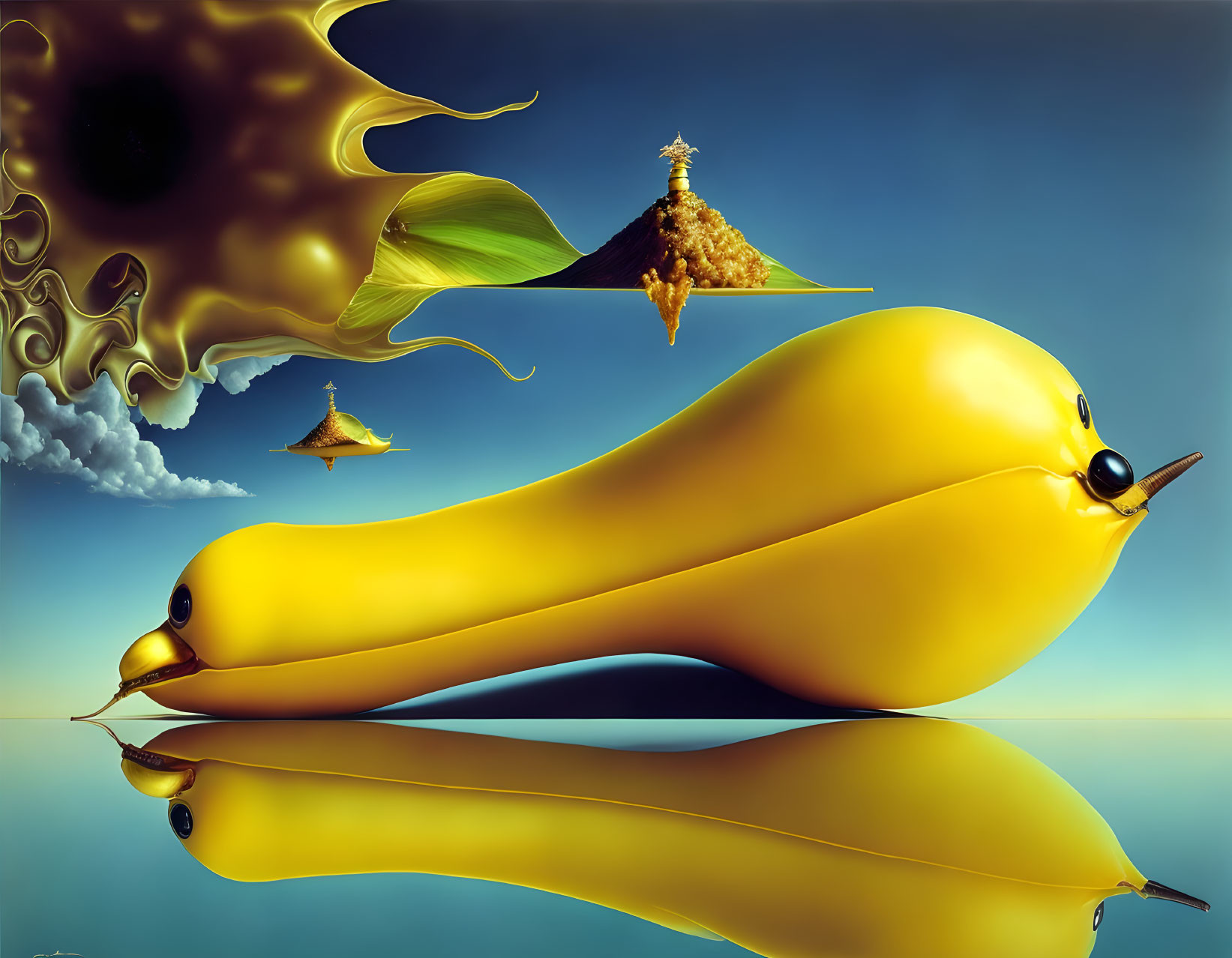 Surreal artwork of banana-shaped forms with bird-like features above reflective surface