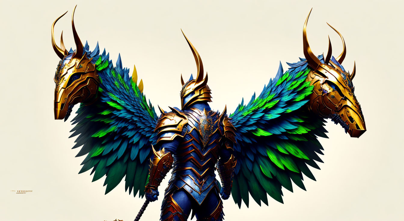 Armored humanoid creature with dragon heads and colorful wings