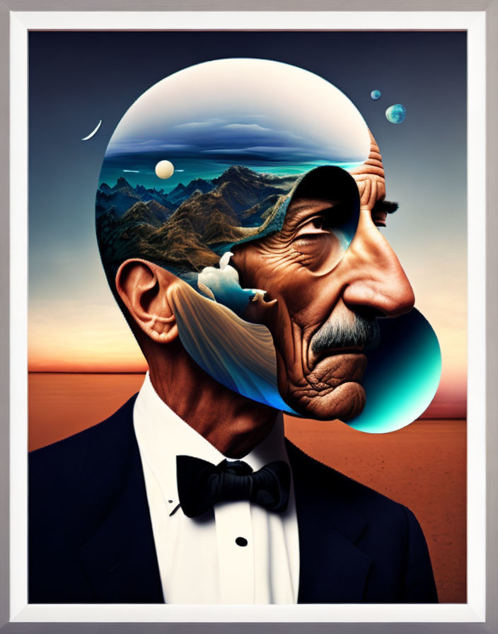 Elderly man's face merges with serene landscape in surreal portrait