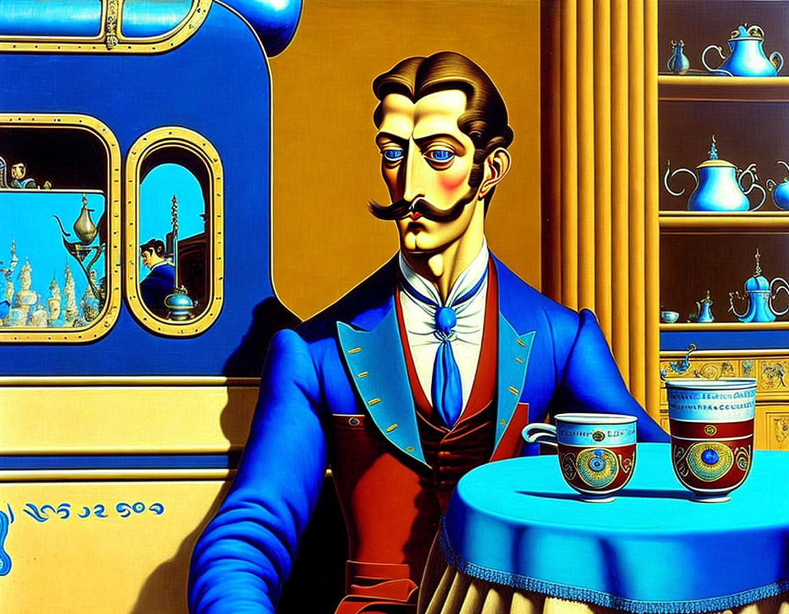 Surreal painting of man in blue suit with mustache and teacups on table