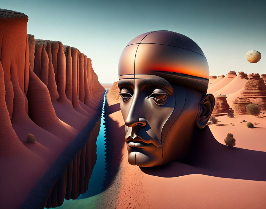 Surreal robotic face split with desert canyon and planets