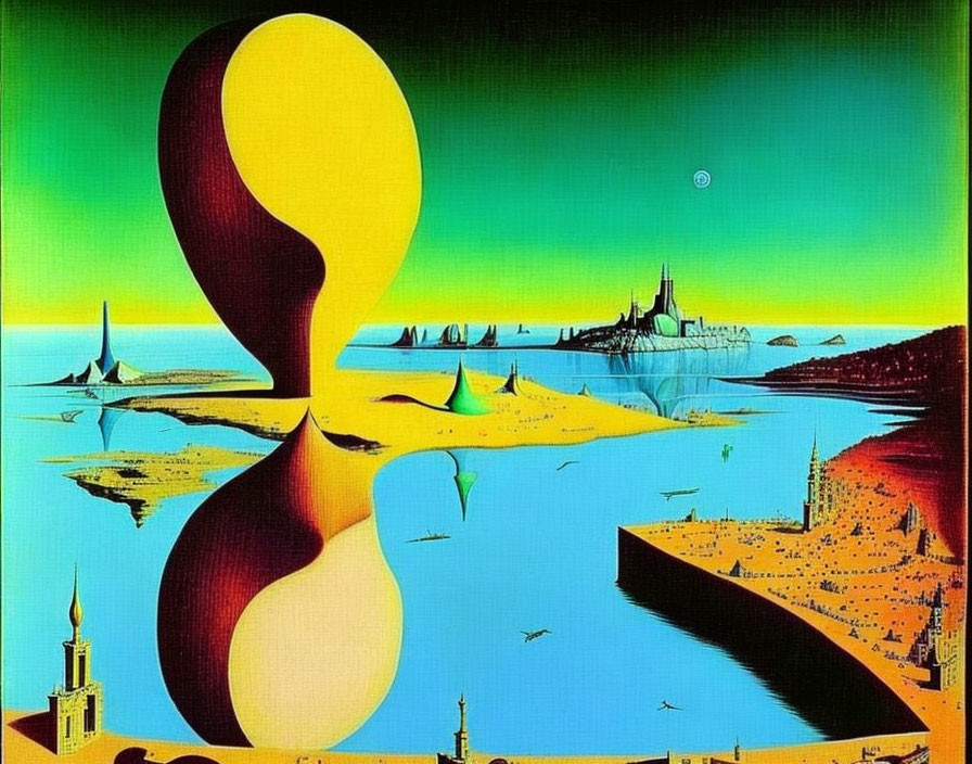 Surreal landscape with hourglass figure in yellow sky, blue water, icy and desert lands,