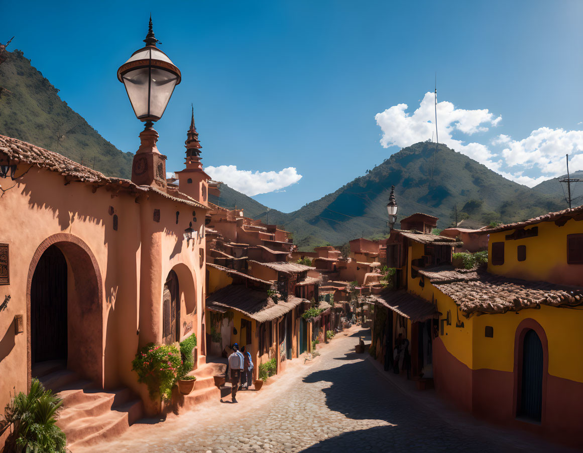 Picturesque village: Cobblestone street, terracotta buildings, lampposts, mountains