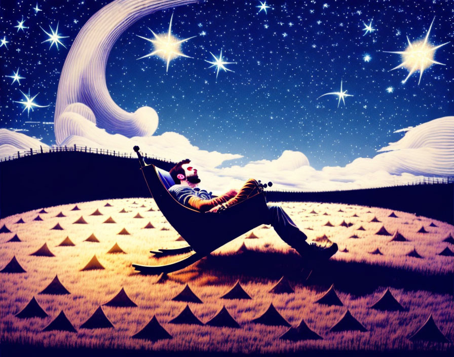 Person reclining in hammock under starry night sky with glowing landscape and crescent moon.