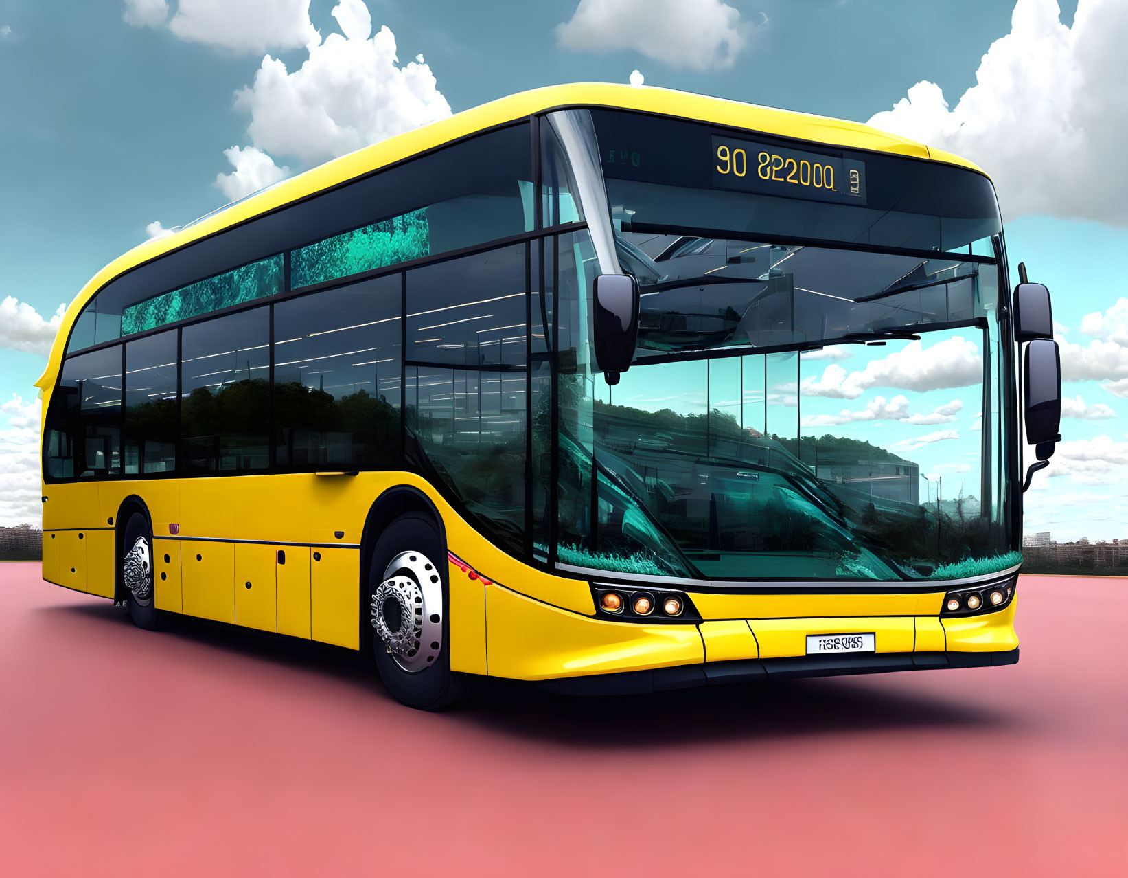 Yellow City Bus Parked Under Cloudy Sky on Pink Surface