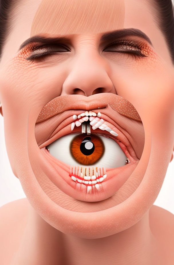 Surreal optical illusion: woman's face blends with eye as mouth