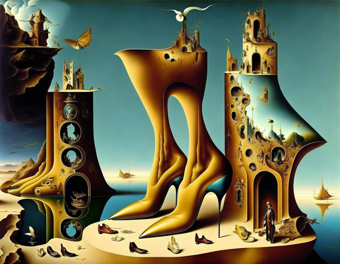 Surreal painting of elongated shoe-like structures in golden landscape