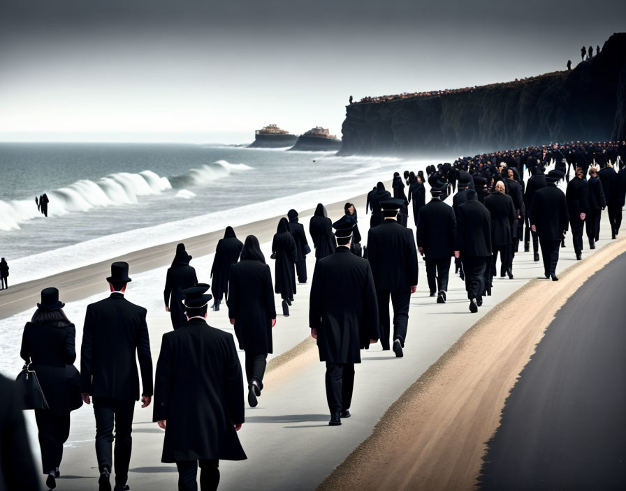 People in dark suits and hats walking along coastal road with ships on horizon