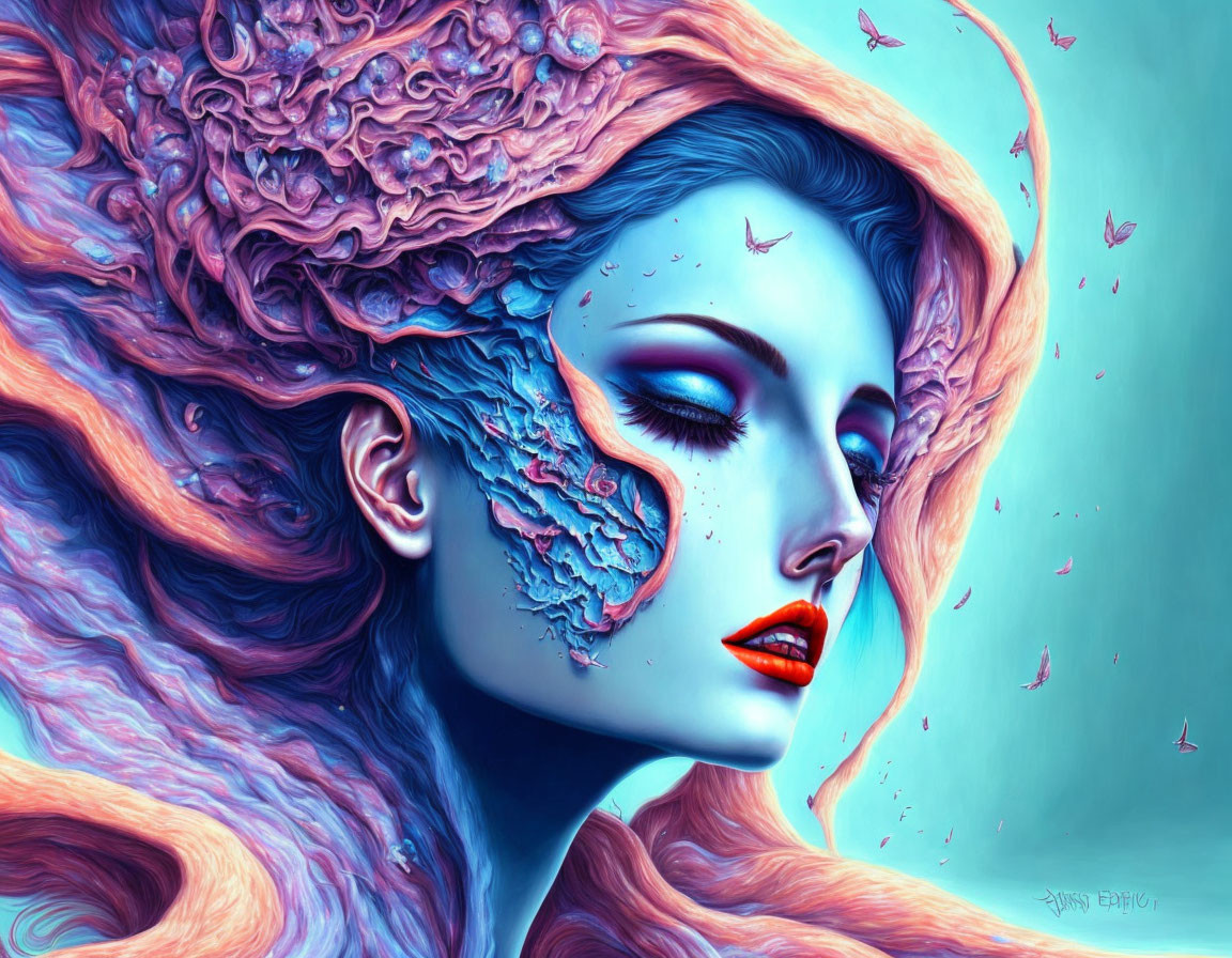 Colorful digital portrait of woman with blue skin, pink hair, and surreal face texture