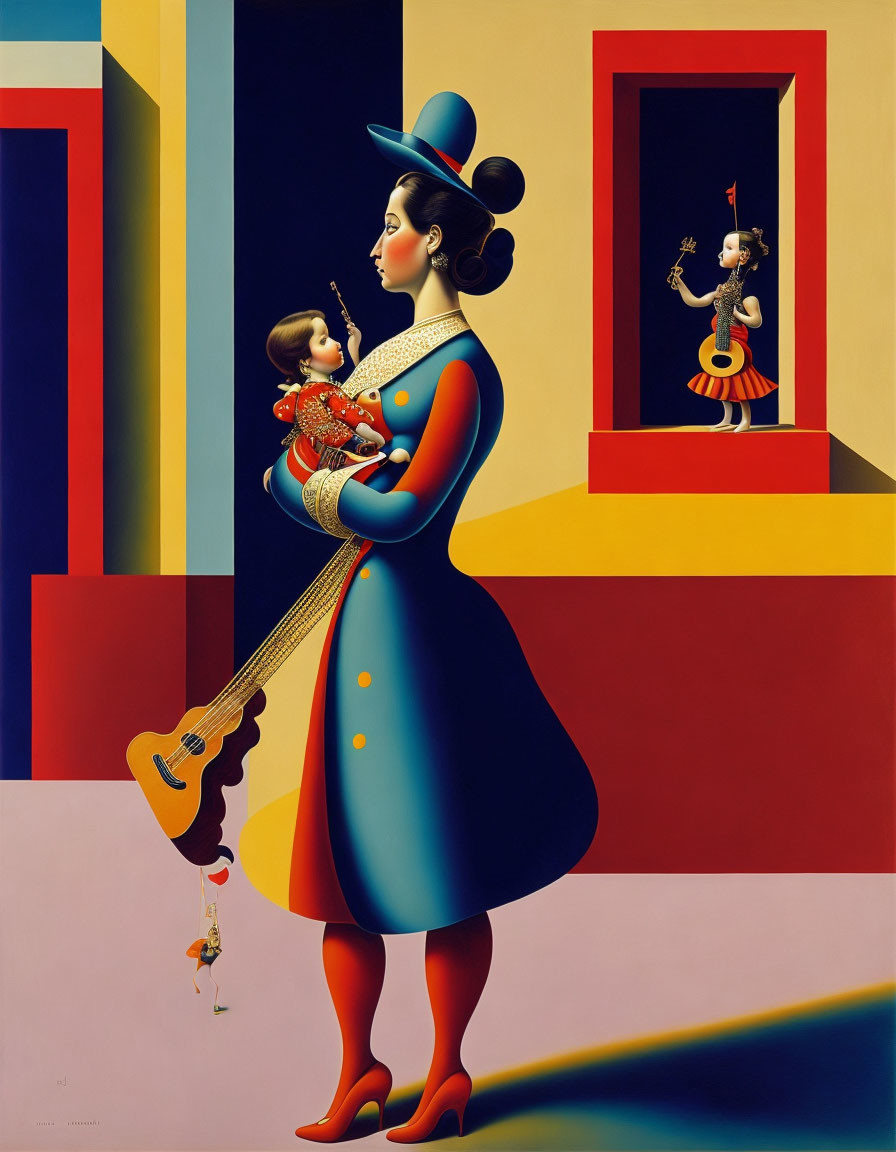 Surreal artwork of woman and child with toy-like features and colorful geometric shapes