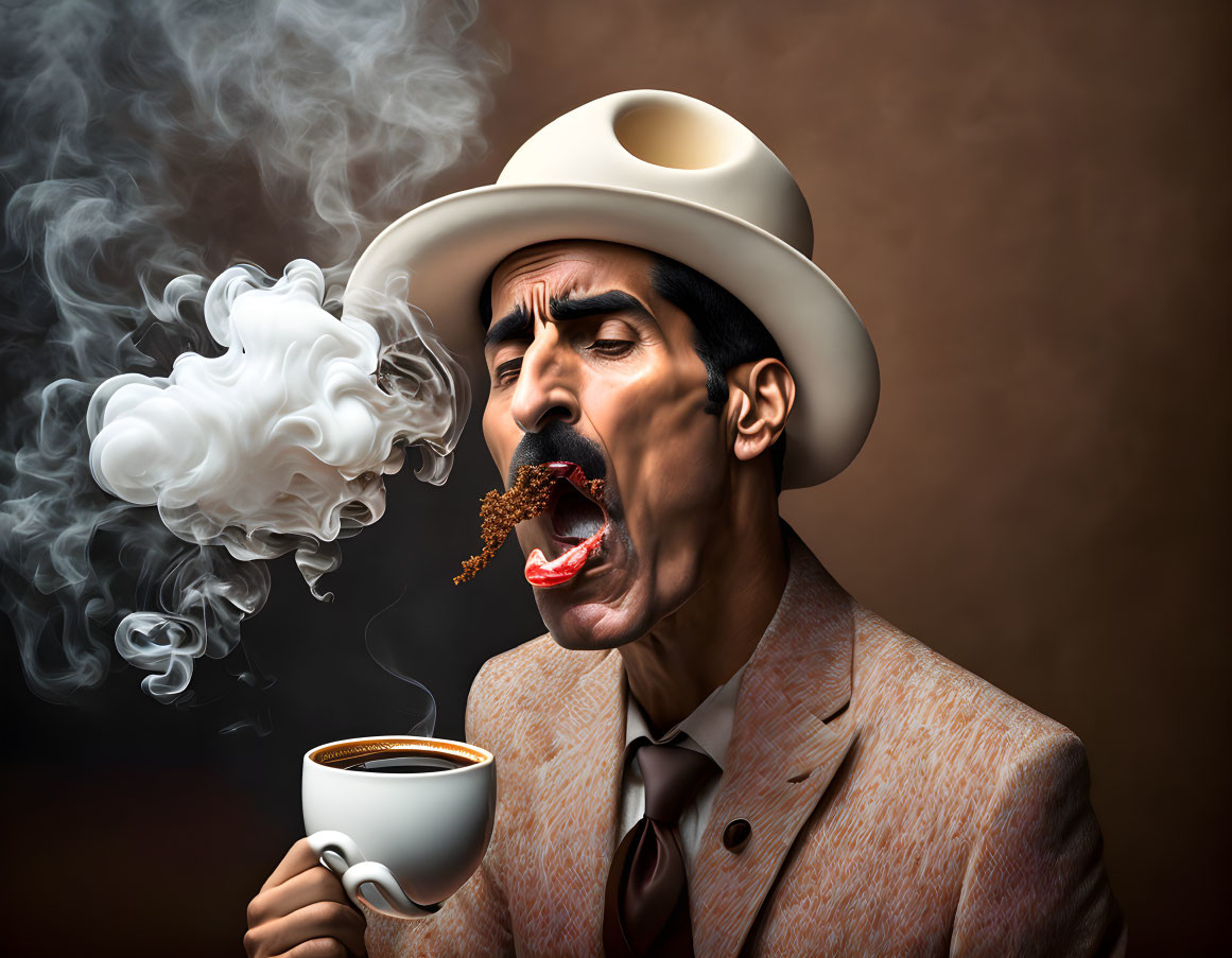 Stylized man with mustache in beige suit holding coffee cup with steam horse and spilling coffee