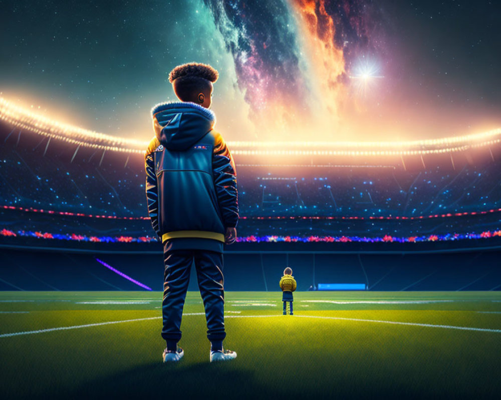 Boy and toddler on soccer field under vibrant cosmic sky