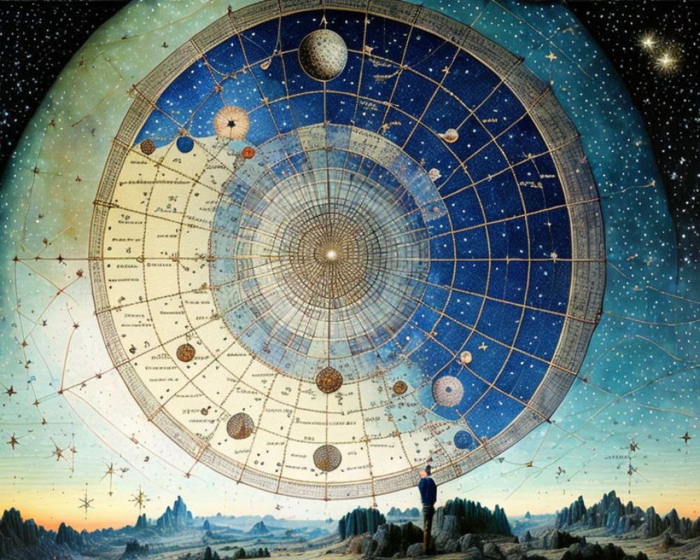 Person gazes at cosmic map with solar system, constellations, and celestial spheres under starry