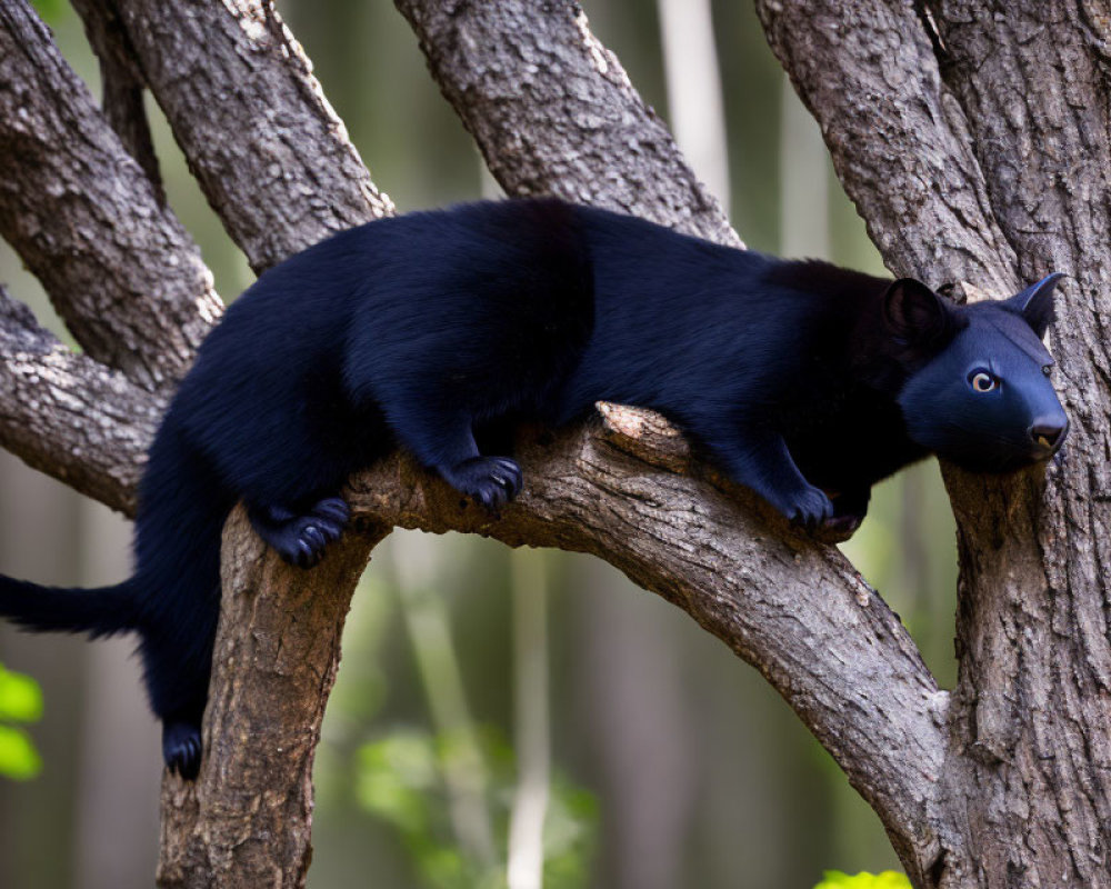 Black squirrel on tree branch with focused expression and bushy tail